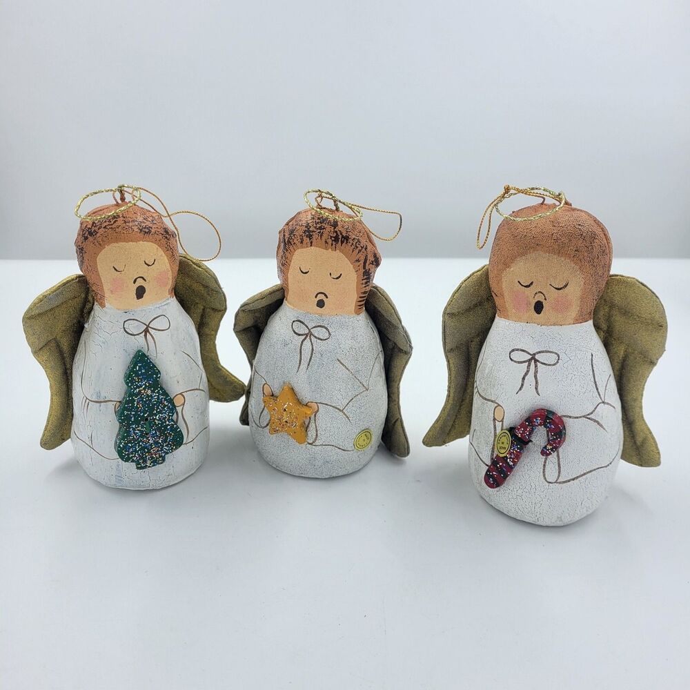 Vtg Lillian Vernon Rare Handpainted Fabric Angel Christmas Ornaments Set of 3